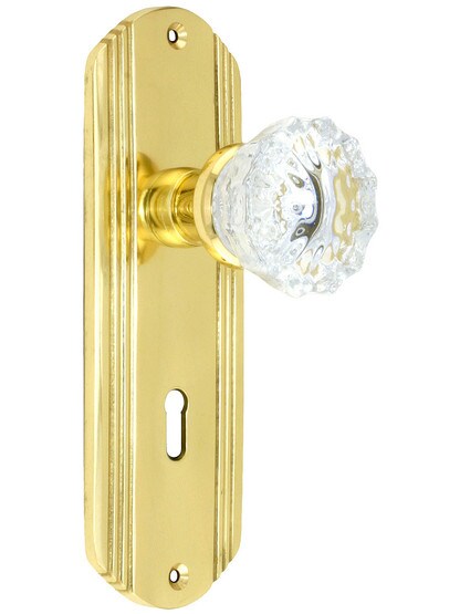 Streamline Deco Door Set with Fluted Crystal Glass Door knobs Single Dummy in Polished Brass.